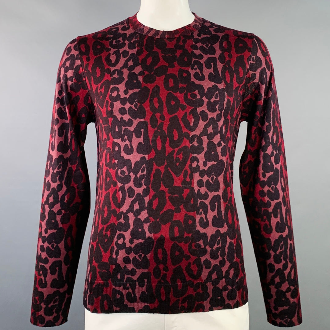 BURBERRY Size XL Red Black Pink Animal Print Wool Silk Crew Neck Pullover