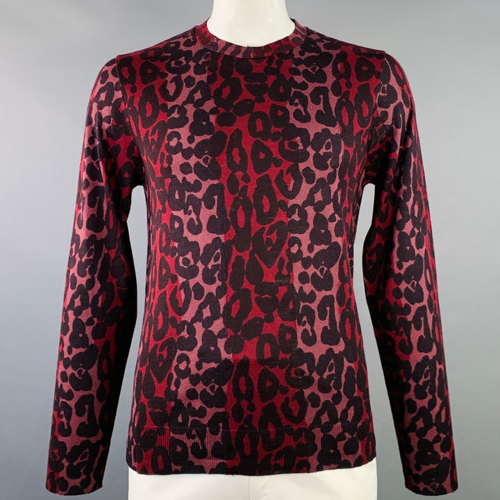BURBERRY Size XL Red Black Pink Animal Print Wool Silk Crew Neck Pullover