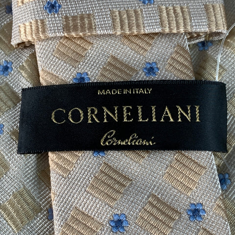 CORNELIANI Beige Light Blue Abstract Floral Silk Jacquard Tie