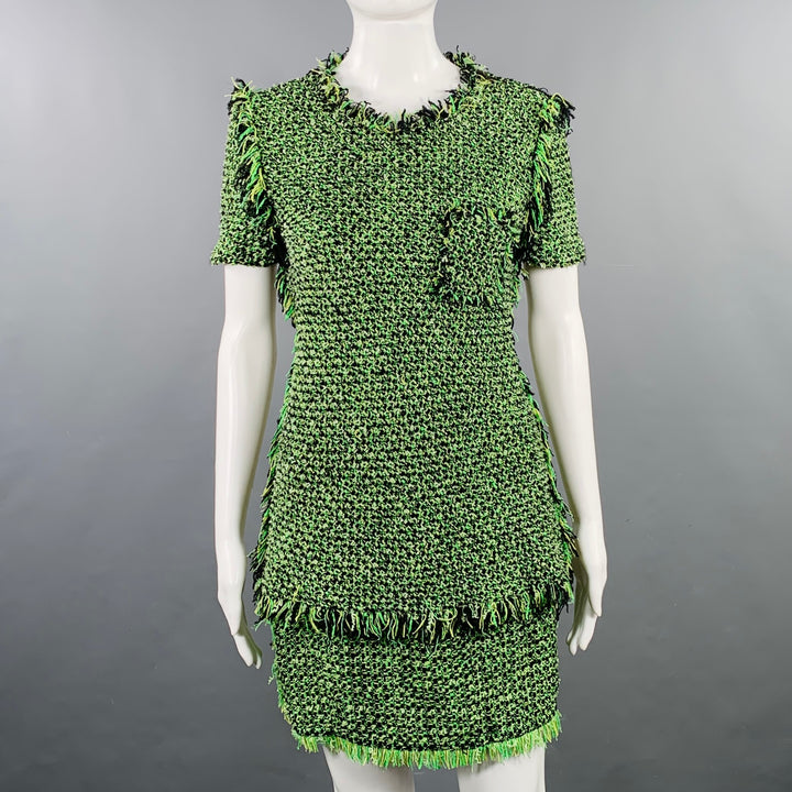 LANVIN 2012 Size 4 Green Black Cotton Blend Boucle Short Sleeve Skirt Set