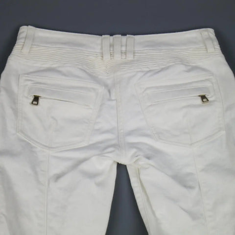 BALMAIN Size 4 White Cotton Gold Zip Moto Jeans BALMAIN
