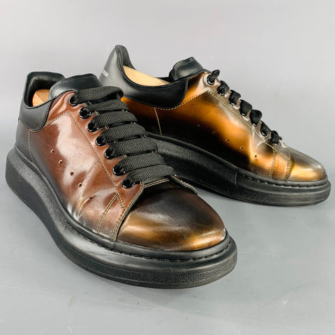ALEXANDER MCQUEEN Size 11 Black Brown Shimmery Leather Chunky Sole Sneakers
