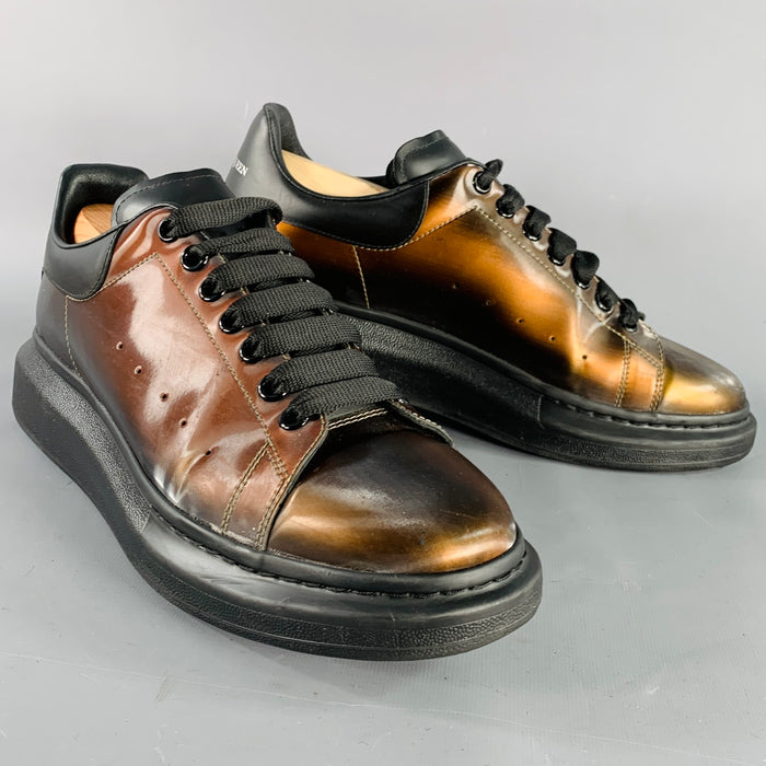 ALEXANDER MCQUEEN Size 11 Black Brown Shimmery Leather Chunky Sole Sneakers