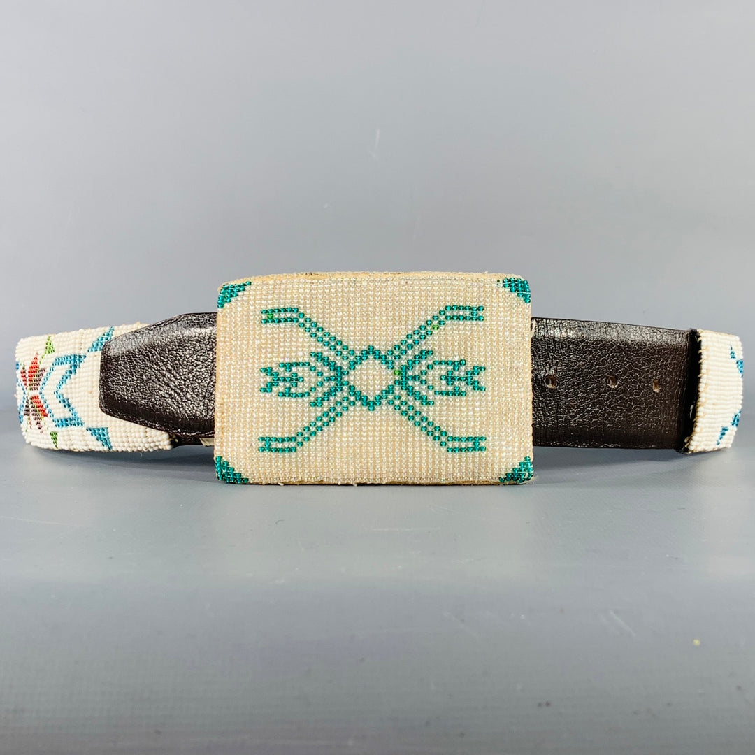 VINTAGE Size 33 White Multi-Color Beaded Cowhide Leather  display picture 1