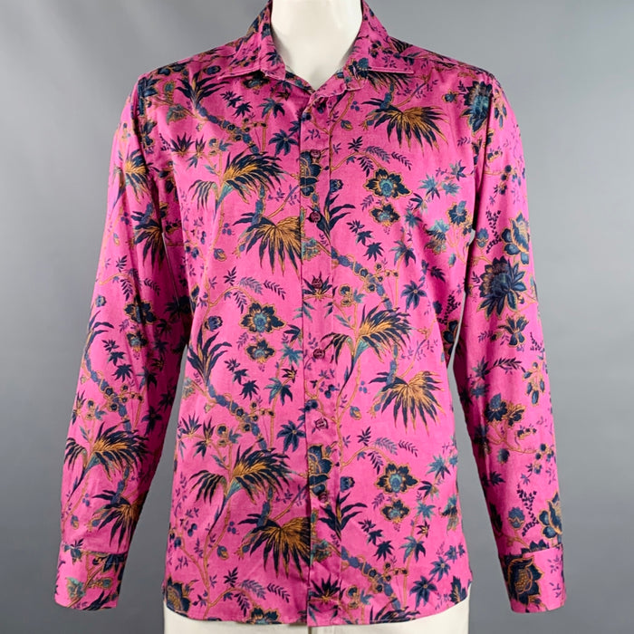ETRO Size XL Magenta Orange Green Floral Cotton Button Up Long Sleeve Shirt