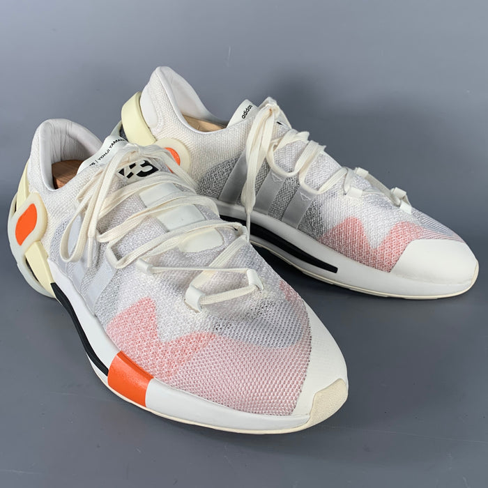Y-3 Size 12 White Black Orange Color Block Mesh Lace-Up Sneakers