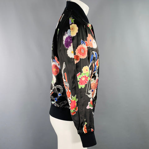SAINT LAURENT Size 40 Black Multi Color Floral Viscose Varsity Jacket