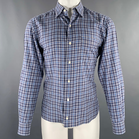 ERMENEGILDO ZEGNA Size M Grey Blue Plaid One Pocket Long Sleeve Shirt