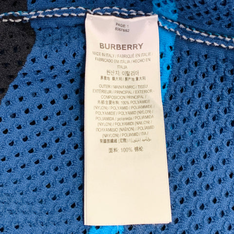 BURBERRY Size S Blue Black White Stripe Stretch Polyamide Mesh Camp Short Sleeve Shirt