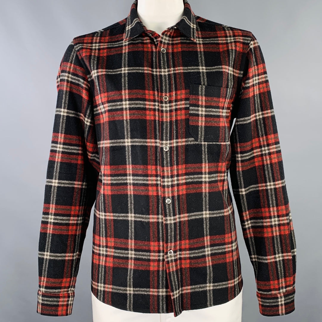 A.P.C. Size XXL Black Red Plaid Wool Blend One Pocket Long Sleeve Shirt