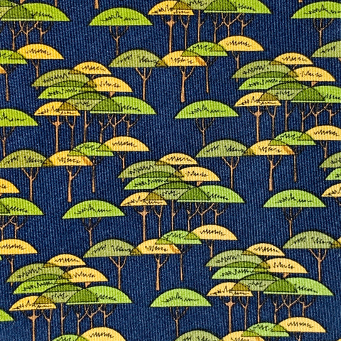 SALVATORE FERRAGAMO Navy Green Abstract Tree Silk Tie