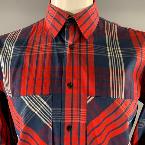 ADAM KIMMEL Size L Red Navy Cream Tartan Cotton Long Sleeve Shirt