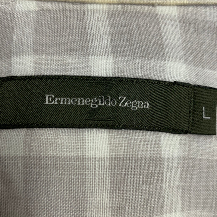 ERMENEGILDO ZEGNA Size L Grey White Plaid Linen One Pocket Short Sleeve Shirt