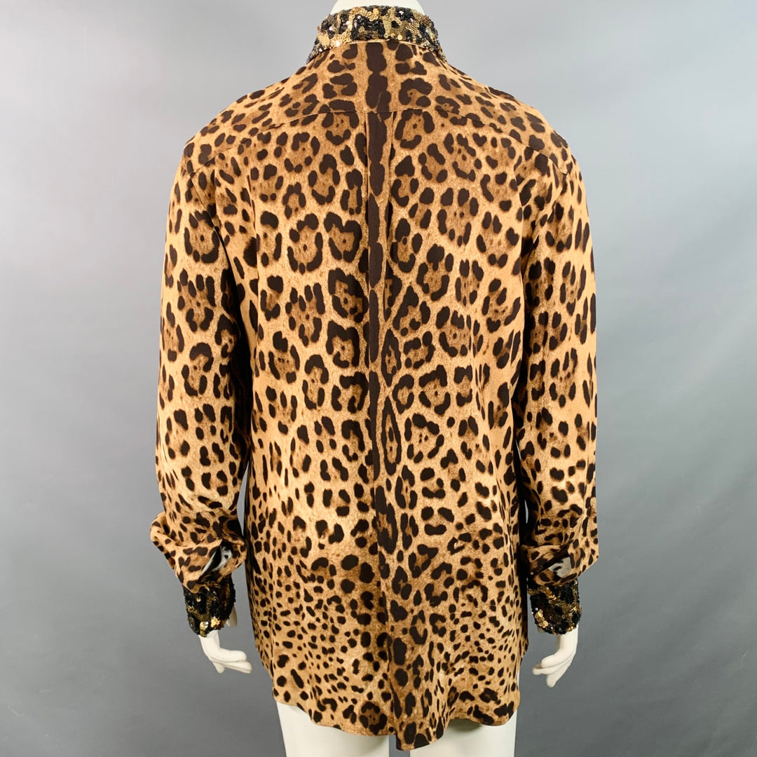 DOLCE & GABBANA Size L Brown Viscose Blend Leopard Sequin Trim Snaps Shirt