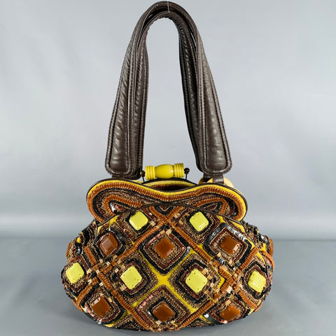 JAMIN PUECH Brown Yellow Beaded Cotton Leather Handbag