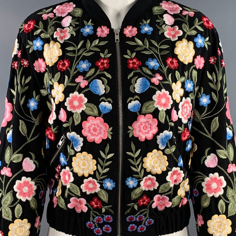 NEEDLE AND THREAD Size 8 Black Multi Color Embroidered Floral Polyester Bomber Jacket