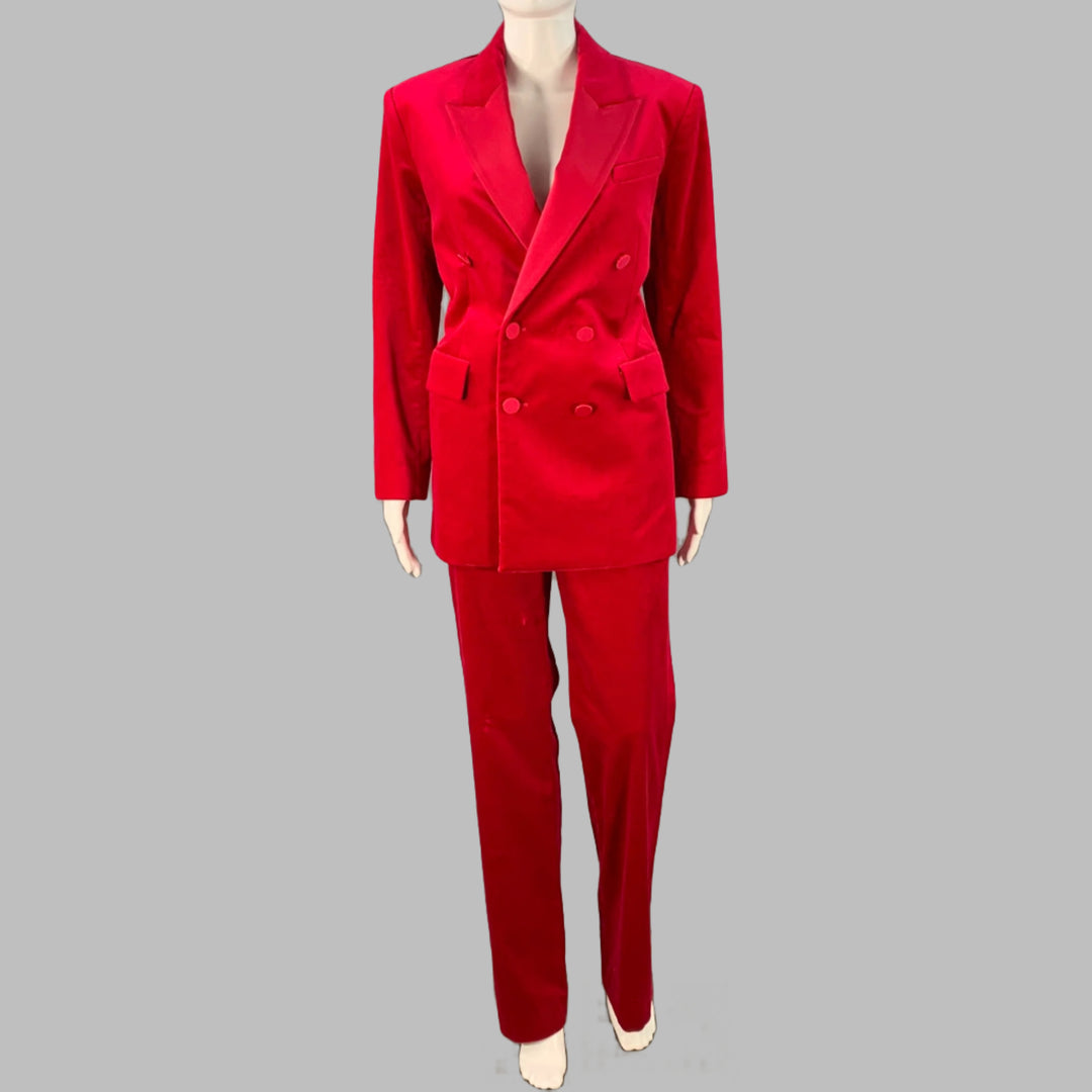 A.L.C. Size 6 Raspberry Red Velvet Peak Lapel Double Breasted Pantsuit