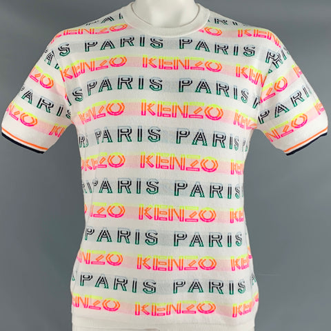 KENZO Size L White Multi Color Logo Cotton Polyester Short Sleeve Pullover