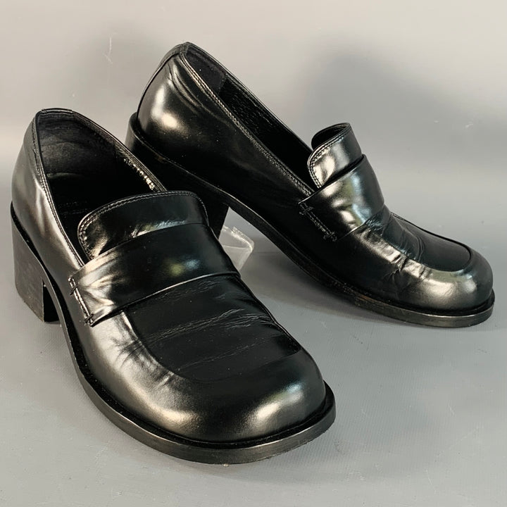AMOMENTO Size 6 Black Leather Stacked Heel Penny Loafers
