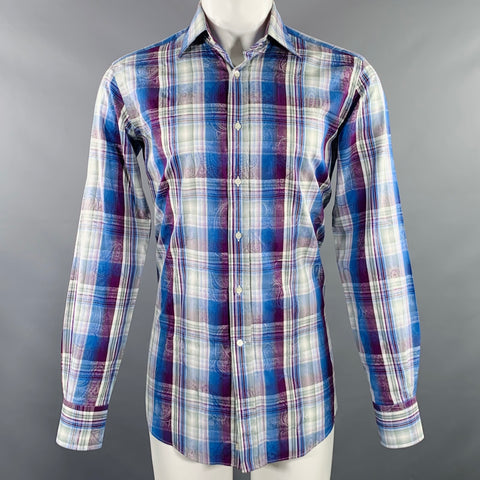 ETRO Size M Blue Purple Plaid Cotton Button Up Long Sleeve Shirt