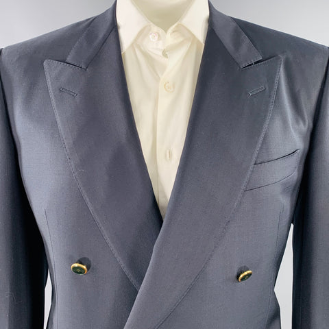 DUNHILL Size 44 Regular Navy Gold Wool Double Breasted Sport Coat