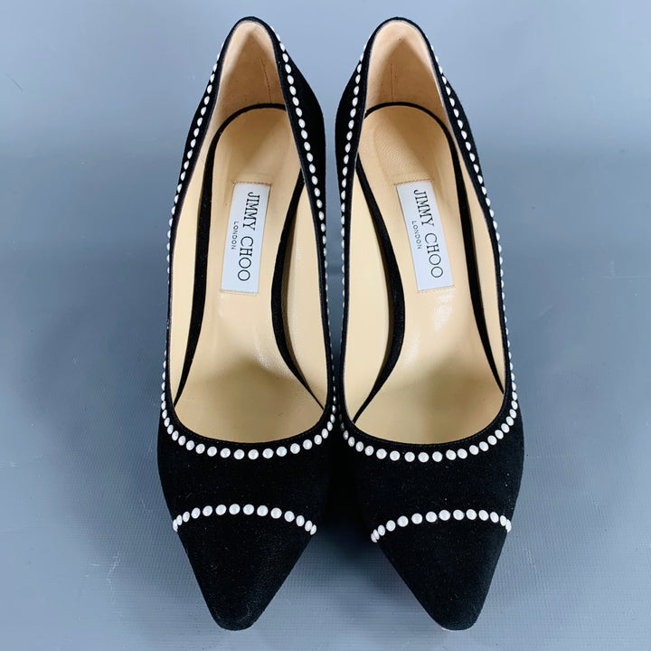 JIMMY CHOO Size 11 Black Cream Suede Faux Pearl Studded Heels Pumps