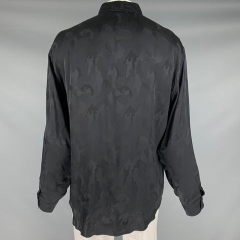 GIANNI VERSACE Size XL Black Camo Silk Hidden Placket Long Sleeve Shirt