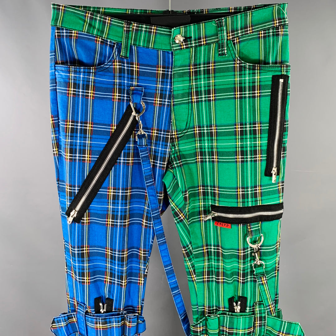 TRIPP Size 32 Green Blue Plaid Wool Bondage Punk Casual Pants