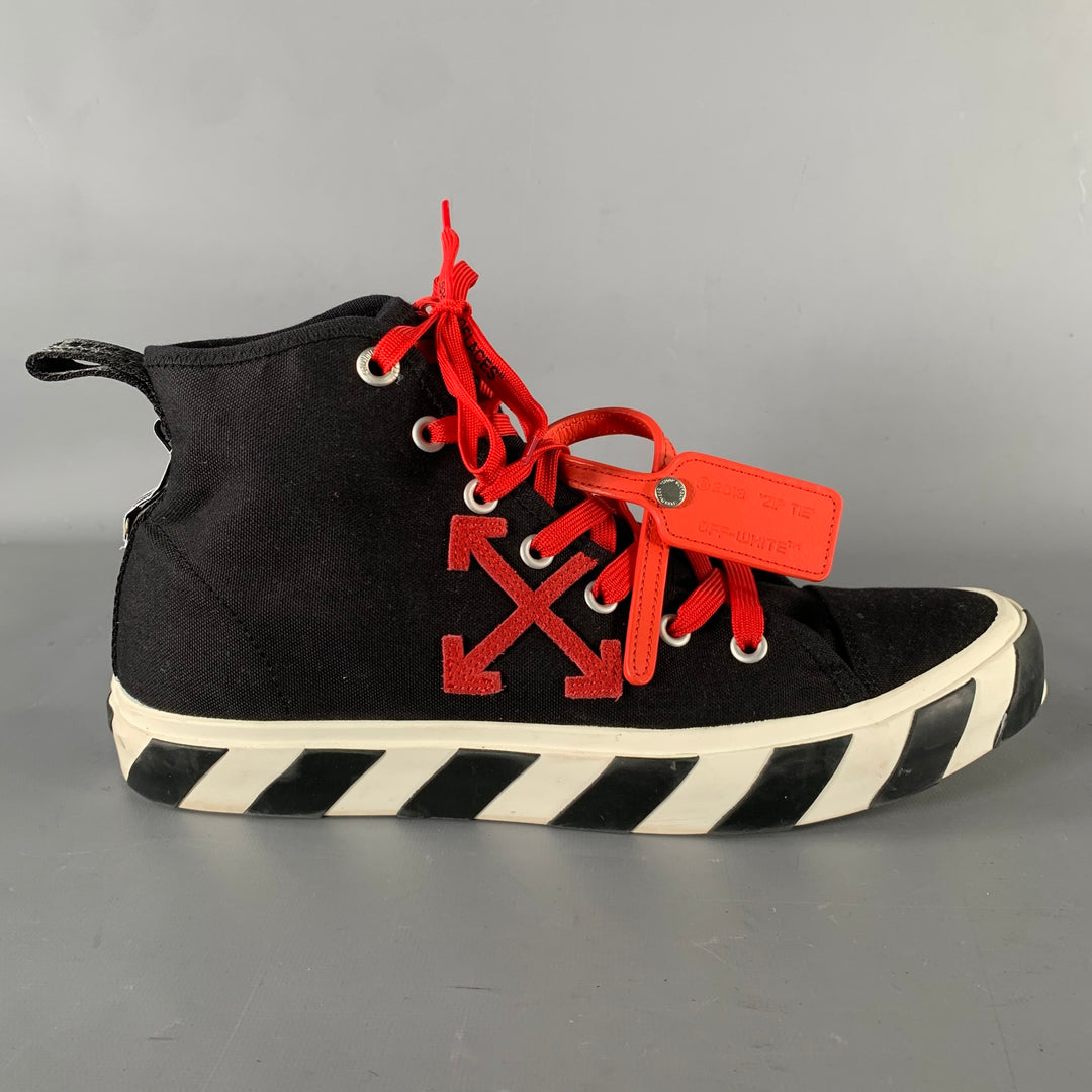 OFF-WHITE Size 13 Black Red Logo Canvas High Top Sneakers