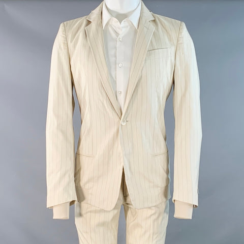 GAULTIER 2 Vintage Size 38 Beige Grey Pinstripe Wool Silk Single Button Hooded Suit