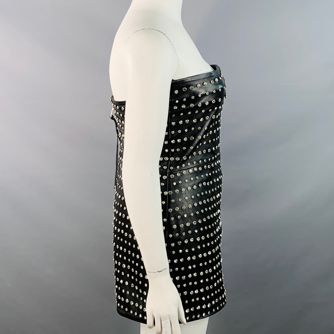 RETROFETE Size L Black Silver Leather Strapless Crystal Studded Mini Dress