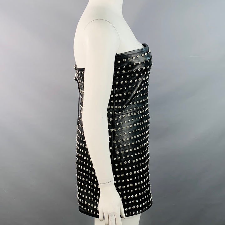 RETROFETE Size L Black Silver Leather Strapless Crystal Studded Mini Dress