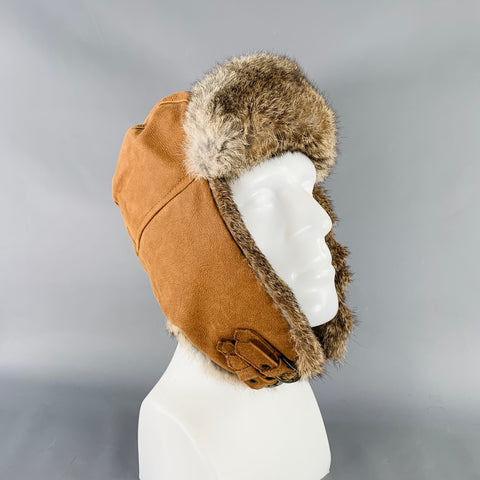 CROWNCAP Size L Brown Leather Rabbit Fur Aviator Cap Hat