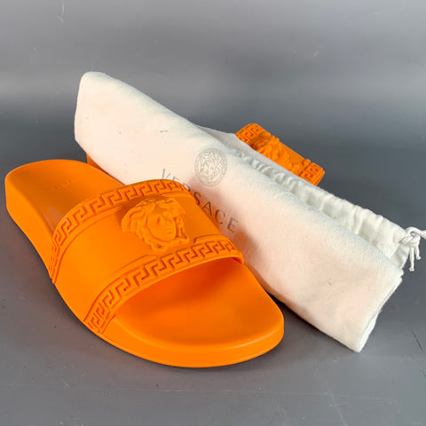 VERSACE Size 9.5 Orange Medusa Acetate Slip On Slide Sandals