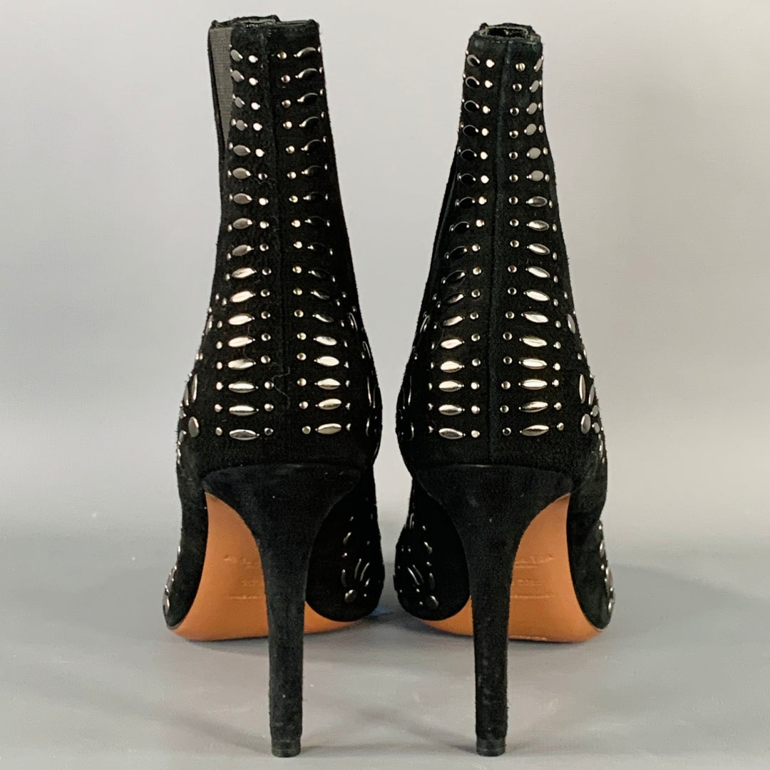 ALAIA Size 7.5 Black Studded Suede Pull On Stiletto Booties