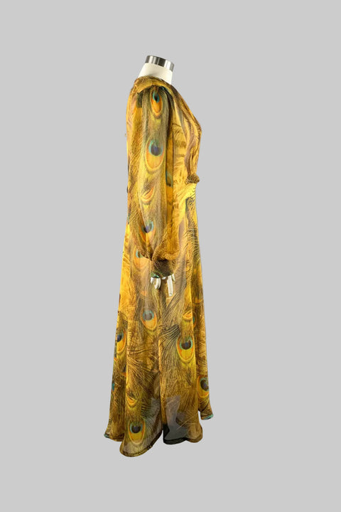 MADAME ADASSA Size XXL Yellow Brown Chiffon Peacock Long Sleeve Ankle Dress