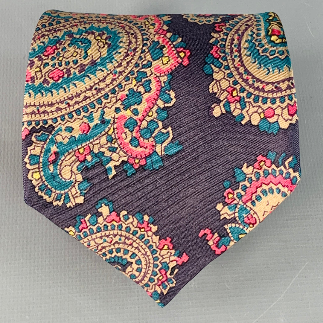 BURBERRYS Vintage Navy Teal Pink Paisley Silk Twill Tie