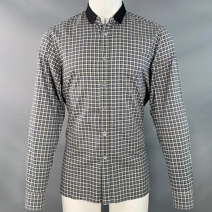 LANVIN Size M Navy Green White Plaid Cotton Contrast Collar Long Sleeve Shirt