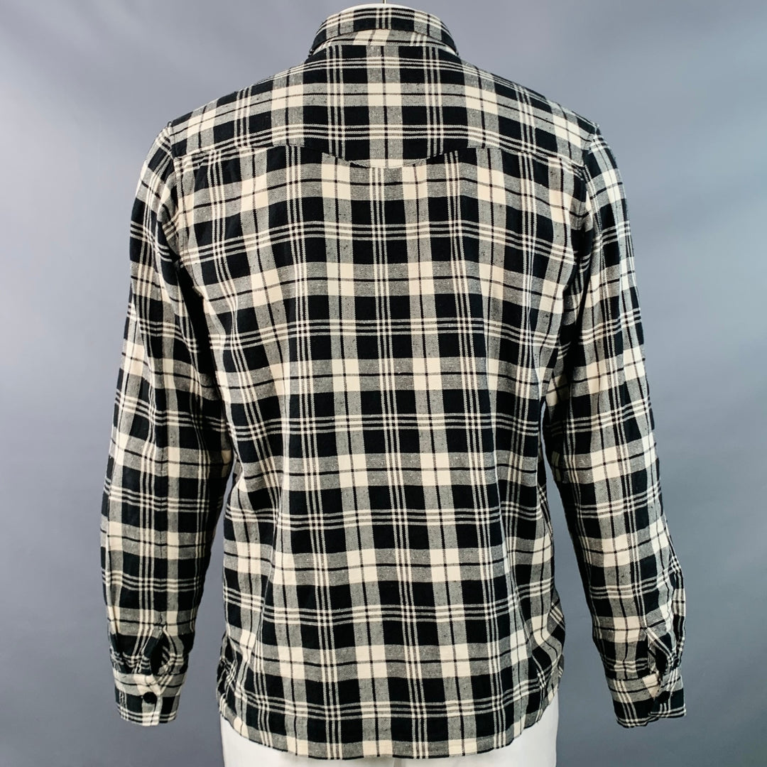 OFFICINE GENERALE Size L Black White Plaid Cotton One Pocket Long Sleeve Shirt