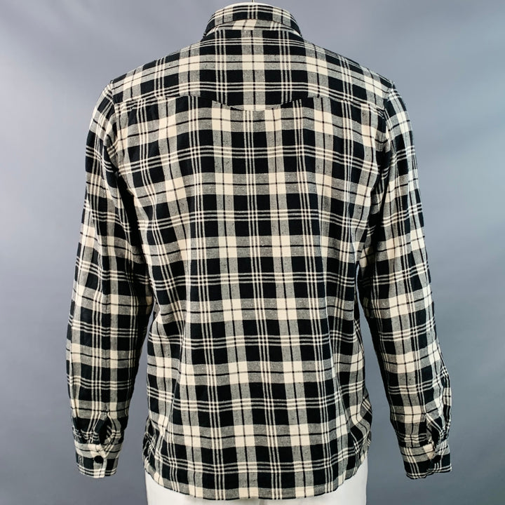 OFFICINE GENERALE Size L Black White Plaid Cotton One Pocket Long Sleeve Shirt