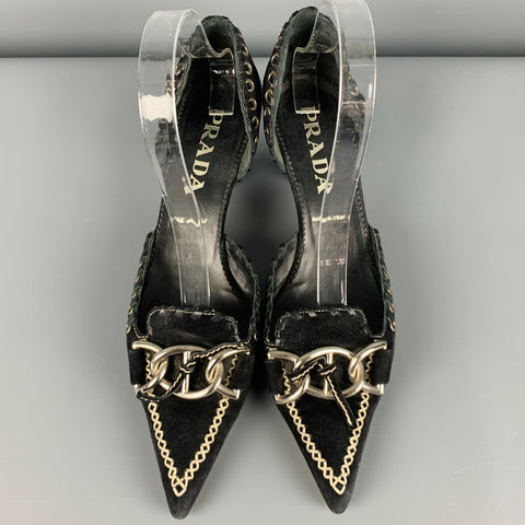 PRADA Talla 6.5 Zapatos de tacón de gatito con eslabones de cadena de ante negro plateado