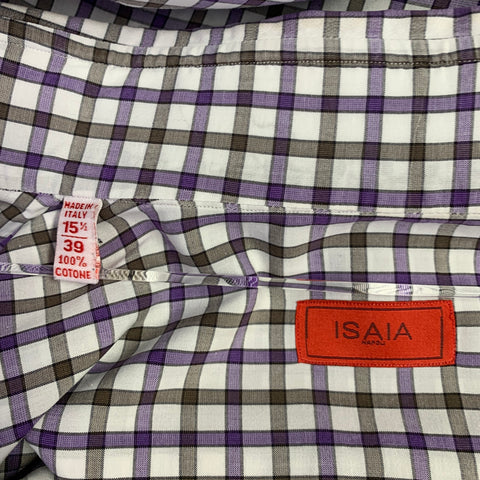 ISAIA Size M White Purple Brown Checkered Cotton Long Sleeve Shirt