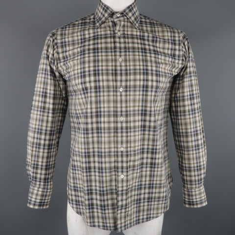 ETRO Size S Olive & Navy Plaid Button Up Long Sleeve Shirt