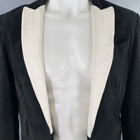 NAHMIAS Size XL Black White Leather Suede Peak Lapel Jacket