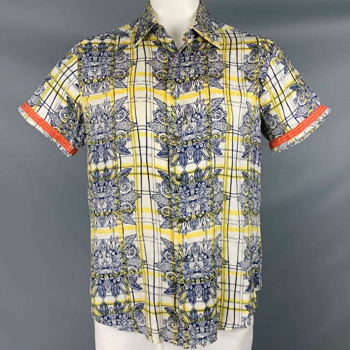ROBERT GRAHAM Talla L Camisa de manga corta con botones de seda con estampado amarillo marino blanco