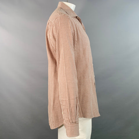 LORO PIANA Size L Brown White Gingham Cotton One Pocket Long Sleeve Shirt