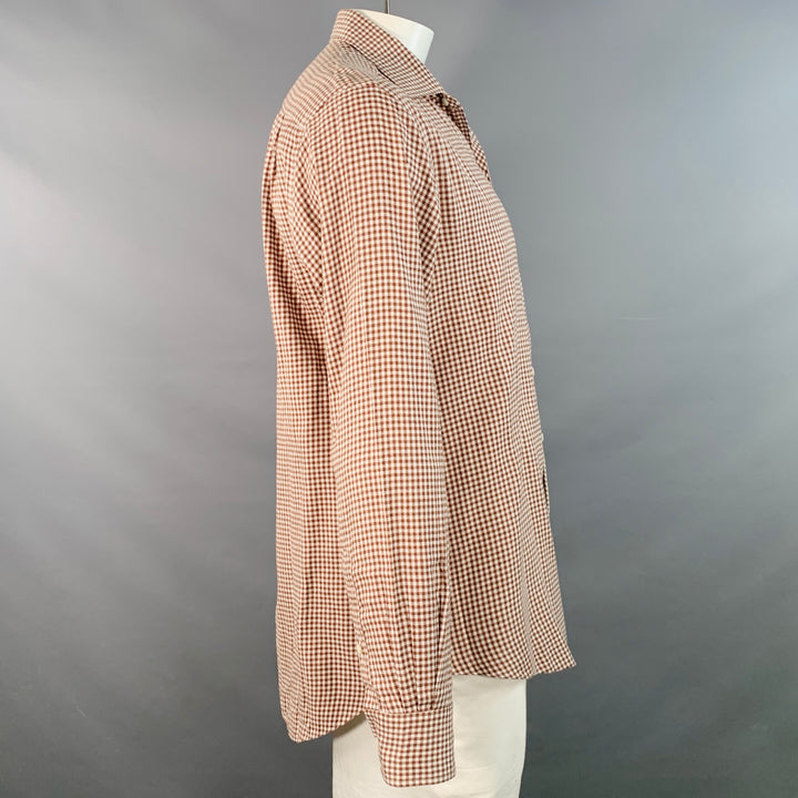 LORO PIANA Size L Brown White Gingham Cotton One Pocket Long Sleeve Shirt