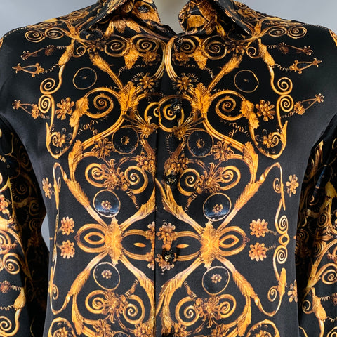 BILLIONAIRE COUTURE Size XL Black Gold Print Silk Long Sleeve Shirt