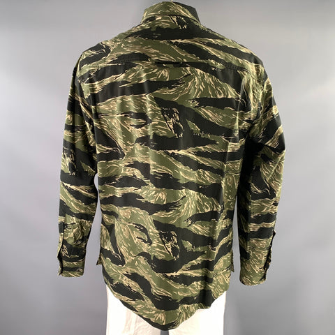 DOLCE & GABBANA Size 44 Green Black Camo Cotton Blend Long Sleeve Shirt
