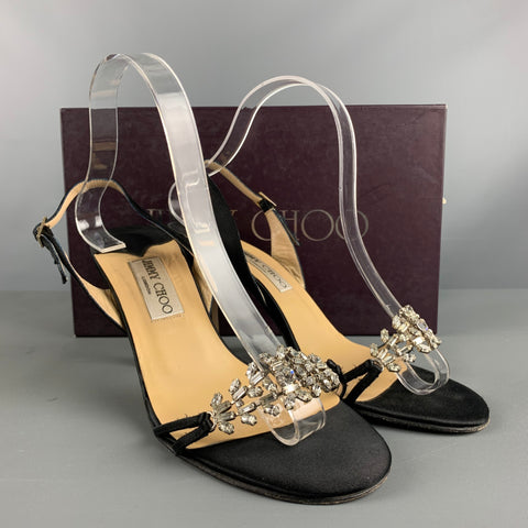 JIMMY CHOO Size 8.5 Black Satin Embellishment Slingback Sandals